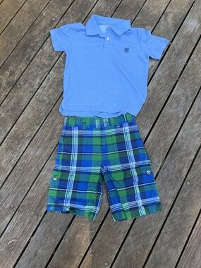 Chaps Boys Light Blue Polo with Blue and Green Plaid Shorts